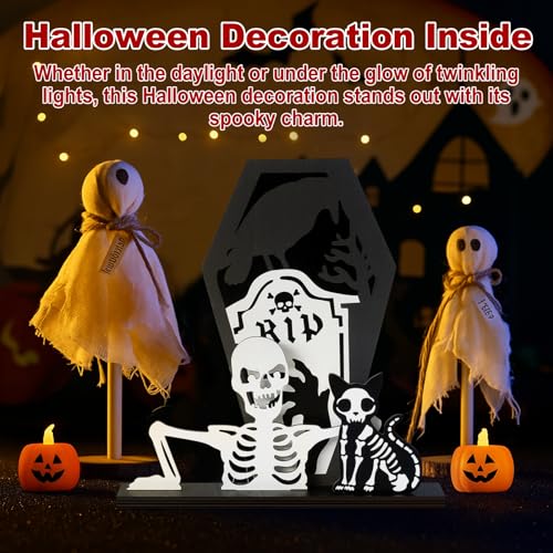 Halloween Indoor Wooden Black Cat Skeleton Centerpiece - Home Table Decor