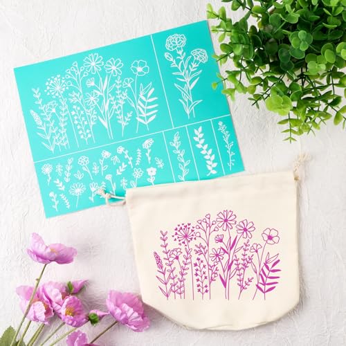 Silkscreen Stencil Reusable Self-Adhesive Pattern for Wood Fabric Wall Decor - Blooming Flowers