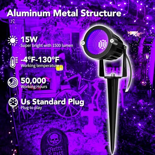 2 Pack Outdoor Halloween LED Black Light Spotlights - 15W UV Floodlights Waterproof