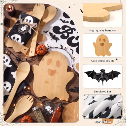 Halloween Ghost Kitchen Gift Set - 37 Pcs Bamboo Cutting Boards Towels Spoons - Ghost Theme