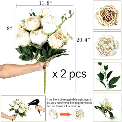 Artificial Peony Flowers Bouquet - Champagne Cream, 2 Pack, Realistic Silk Blooms for Wedding & Home Decor - Variation of THIS listing