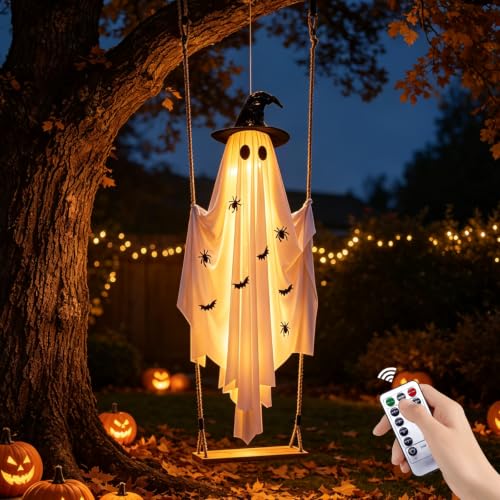 White Lighted Swing Ghost Halloween Decoration - 5FT Outdoor Hanging Ghost with Wooden Swing, 30 LED Lights & Remote
