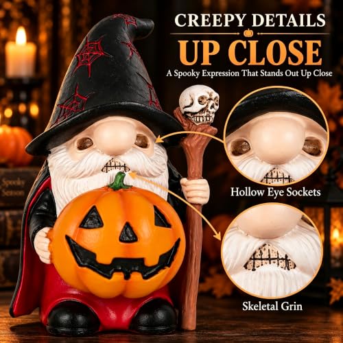 Halloween Gnome Figurine Resin Wizard with Skull Staff - Black Variation