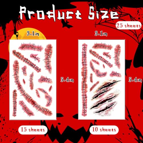 Fake Scar & Bloody Wound Temporary Tattoos - Halloween Horror Makeup Stickers - 25 Sheets