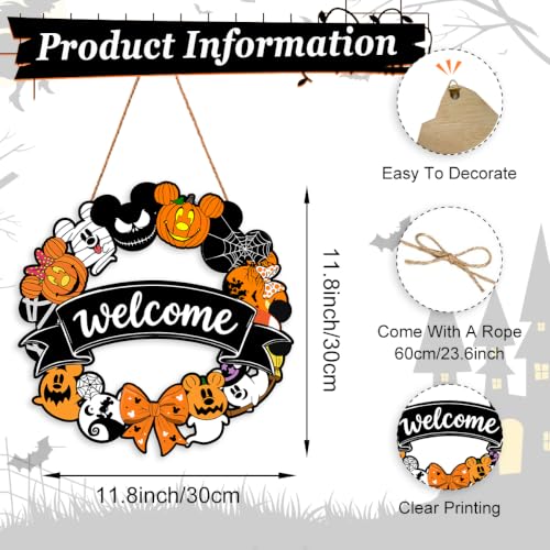 Welcome Mouse Halloween Wreath Door Decoration - Rustic Wooden Hanging Sign