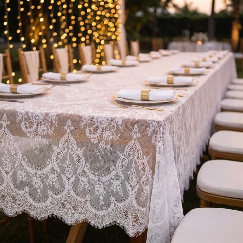 White Lace Tablecloth 60x120 Inch - 2-Pack Elegant Wedding Decor - Variation of B-White / 2