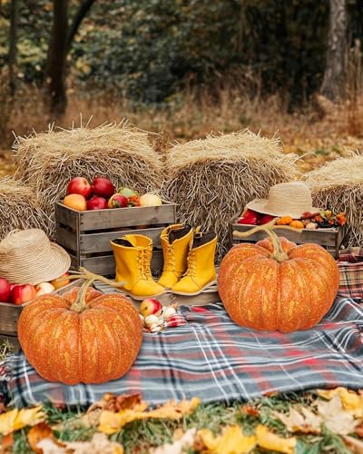 Large Artificial Pumpkin - Rustic Orange Foam Decor with Hand-Painted Details - Round 10.8 Inch Variation