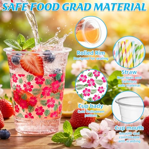 72 Summer Disposable Plastic Cups with Lids & Straws - Hawaiian Tropical Design