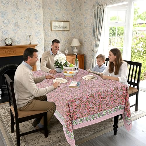 Ridhi Pink Hand Block Print Cotton Tablecloth - 90 x 60 Inch, Rectangular