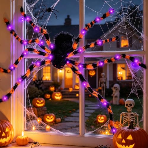 Giant Spider Halloween Decorations Set - Light-Up 4.9ft Spiders with 8 Modes, Indoor & Outdoor