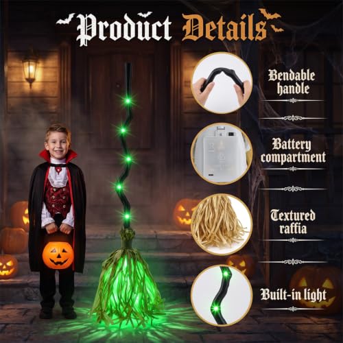 Animated Halloween Witch Broom Lighted Prop - Spooky Green LED, Sound & Motion