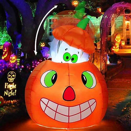 5 FT Halloween Inflatable Ghost and Pumpkin Yard Decor with LED Lights, Animated Outdoor Decoration
