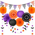 Halloween Party Decorations Set - Orange, Black & Purple Festive Decor - Includes Fans, Lanterns & Web Flags - Halloween