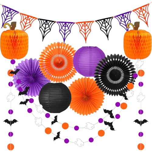 Halloween Party Decorations Set - Orange, Black & Purple Festive Decor - Includes Fans, Lanterns & Web Flags - Halloween