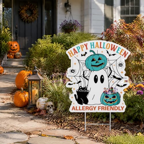 Halloween Teal Pumpkin & Ghost Yard Stakes - Blue White Outdoor Decorations, Allergy-Friendly