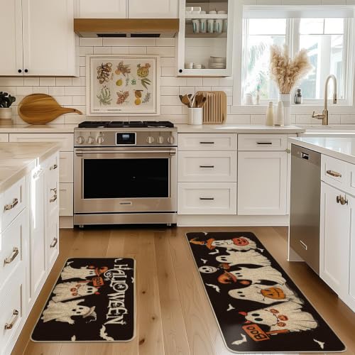 Halloween Ghost Bat Kitchen Mats Set of 2 - Black 17x29 & 17x47 Inches