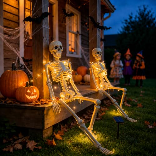 2-Pack 36 Inch Solar Halloween Skeleton Decorations with Metal Stakes & Warm Lights - Variation of 2P-36"