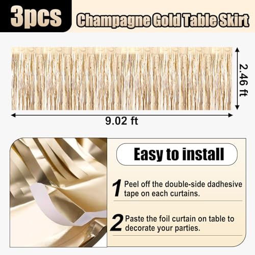 Ferwzsr Champagne Gold Foil Fringe Table Skirt 29x108 Inch Party Decorations - 3 Pack