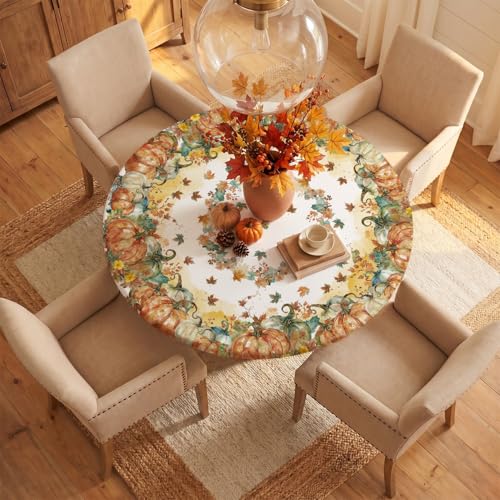 Fall Fitted Round Tablecloth 45-56 Inch with Pumpkin Leaves Orange - 56" Variation