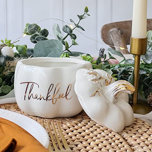White Ceramic Pumpkin Bowl with Lid - Fall Thanksgiving Decor & Candy Dish