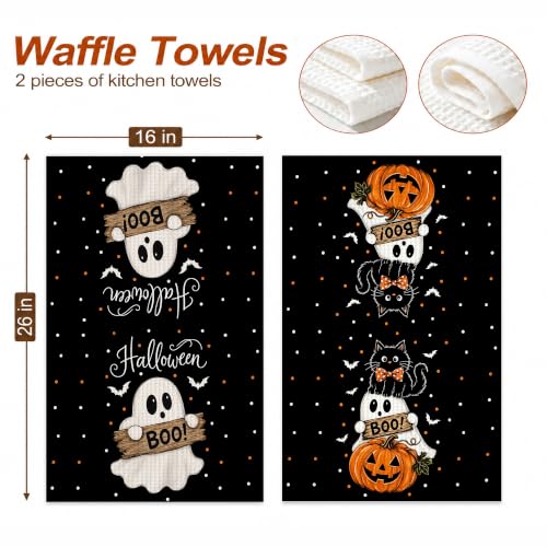 Ghost Cat Boo Kitchen Towels Set of 2 Halloween Dish Towels - Spooky Cat & Pumpkin Design