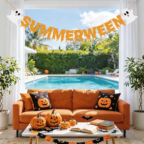 Summerween Banner Decorations Spooky Halloween Party Garland - Glitter Orange