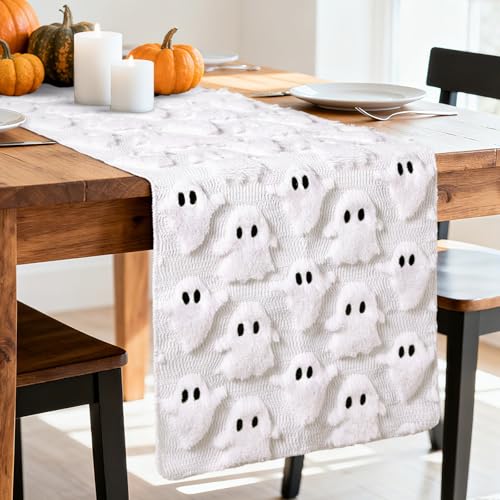 Halloween 3D Ghost Jacquard Table Runner - White, 13 x 72 Inch for Festive Decor