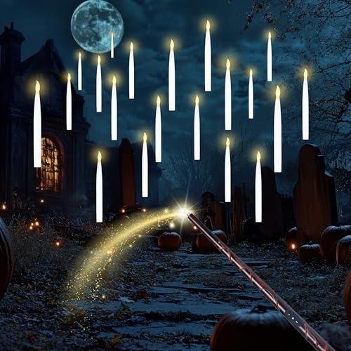 Floating Candles with Wand Remote - Halloween Flickering LED Taper Set - 20 Pieces