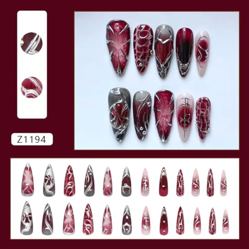 Punk Style Long Metallic Press On Nails - Irregular Lines Heart Tips Black Silver Red Gradient, 24Pcs with Glue for Women