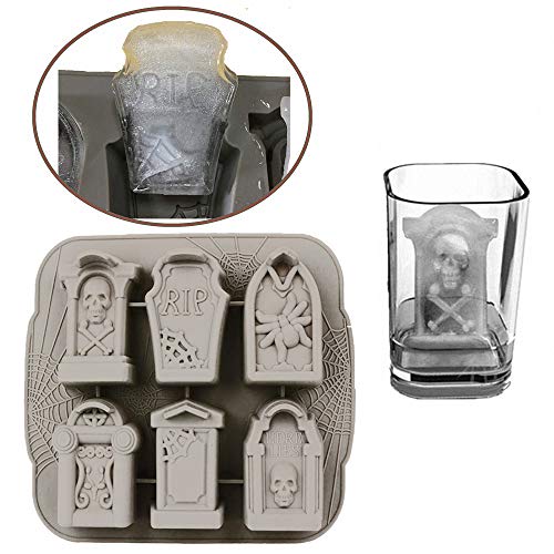 Halloween Skull & Tombstone Ice Cube Trays - 3D Silicone Mold for Whiskey & Cocktails