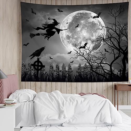 Halloween Wall Tapestry Full Moon Witch & Black Crow Scene 70x92 Inches - Grey Variation