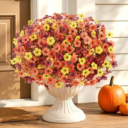 Artificial Mums Flowers Outdoor Fall Decor 24 Bundles - Orange Yellow Brown