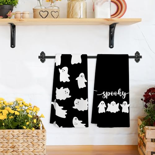 Halloween Ghost Kitchen Hand Towels Set of 2 - Black Spooky Decor, 16x24 Inches