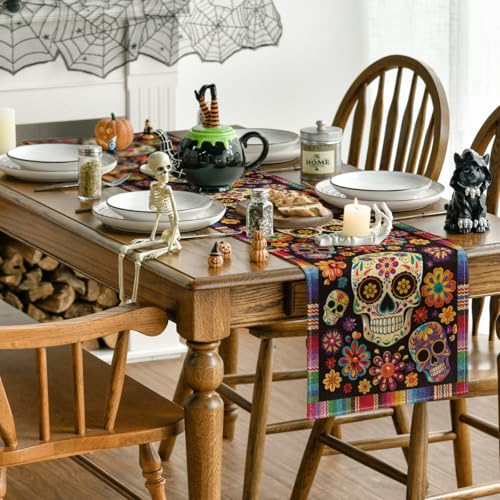 Flowers Sugar Skull Table Runner - Day of The Dead Mexican Decor 13x108 Inch - Red & Blue Variation