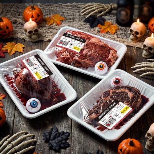 Halloween Spooky Meat Tray Labels Set with Plastic Eyeballs & Cling Film