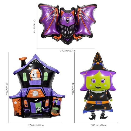 Halloween Foil Balloons 3 Pack - Bat Witch Haunted House Indoor Decorations