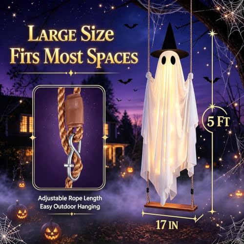 5ft Halloween Hanging Ghost Swing with Lights Outdoor Decor