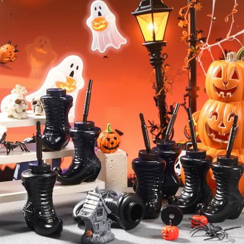 12 Pack Halloween Witch Boot Cups with Lids & Straws - 10 oz Reusable Plastic Party Drinkware