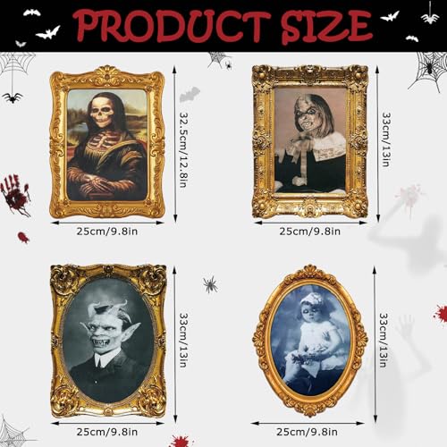 3D Moving Portrait Halloween Wall Decor Set - Spooky Optical Illusion, Gothic Frame, 4 Pack