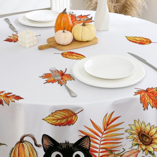 Fall Round Tablecloth 70 Inches with Black Cat Variation - Autumn Pumpkins Fade-Resistant