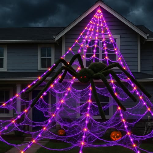 Halloween Spider Web Lights with 250 LEDs & Remote Control - Waterproof Cobweb Decor for Yard Garden Indoor Outdoor