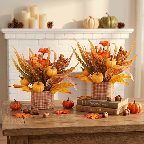 Autumn Thanksgiving Fall Decor Set with Pumpkin Berries Leaves - Orange-A