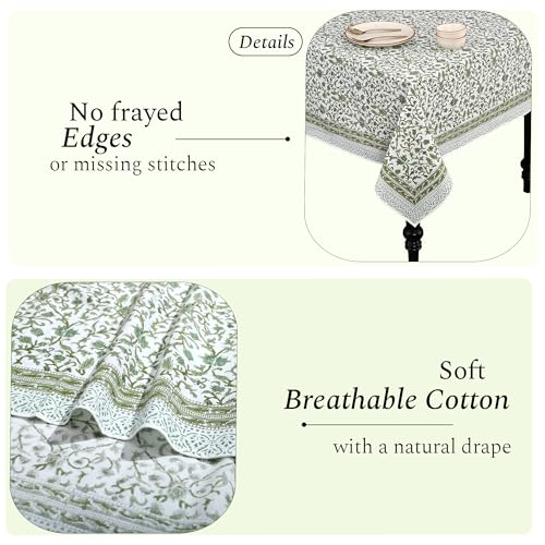 Meadow Vine Cotton Tablecloth 60x90 Inch - Indian Block Print Rectangular Cover - Perfect for Weddings & Holidays