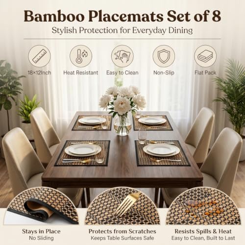 8 Pack Bamboo Placemats - Natural Heat-Resistant Anti-Slip Dining Table Mats