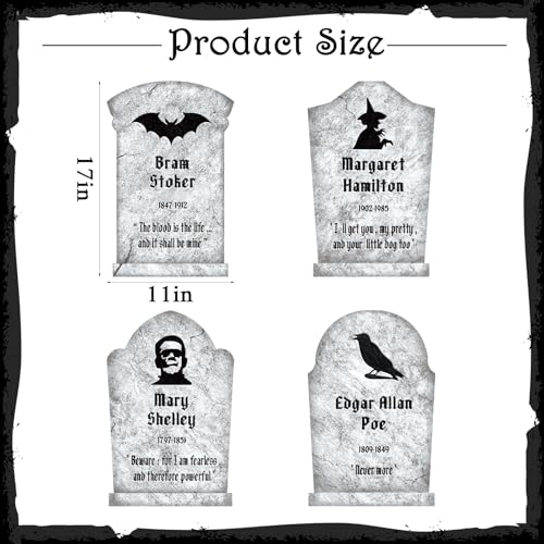 Grey Classic Haunted Tombstones Set - 4 Large Halloween Graveyard Yard Signs with Stakes