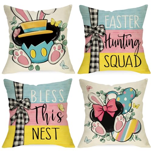Easter Hunting Squad Throw Pillow Covers 16x16 Set of 4 - Rabbit Ears & Butterfly Design