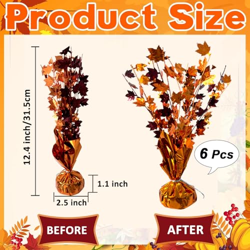 Fall Maple Leaves Table Centerpiece - Metallic Autumn Harvest Thanksgiving Decor - Gold, Orange, Red, Burnt Orange - 6 Pack
