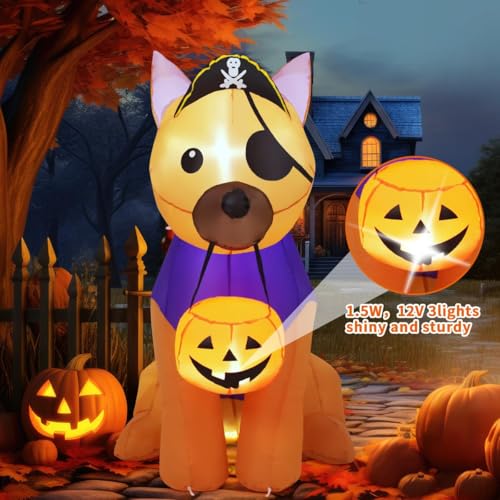 Halloween Inflatable Dog with LED Lights - Pirate Yard Decoration for Outdoor Lawn