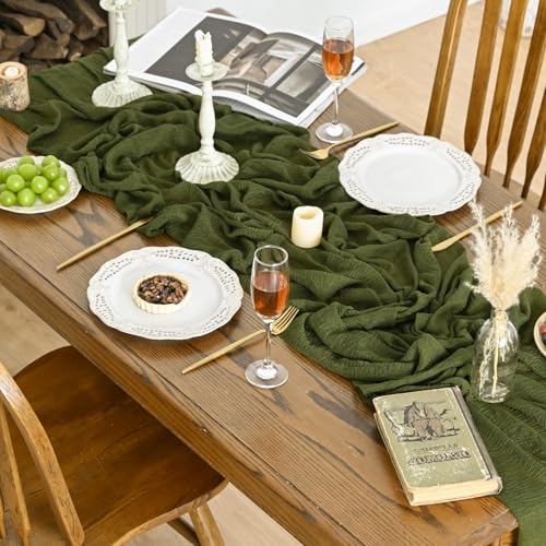 120-Inch 6-Piece Boho Cheesecloth Gauze Table Runner Set - Olive Green Wedding & Holiday Decor