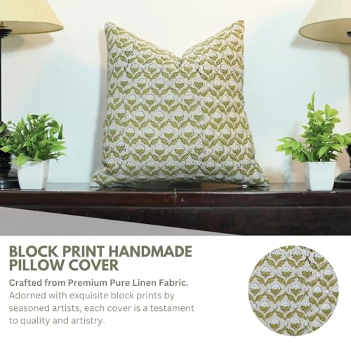 Boho Linen Throw Pillow Cover 14x14 Light Green Handmade Cushion Cover